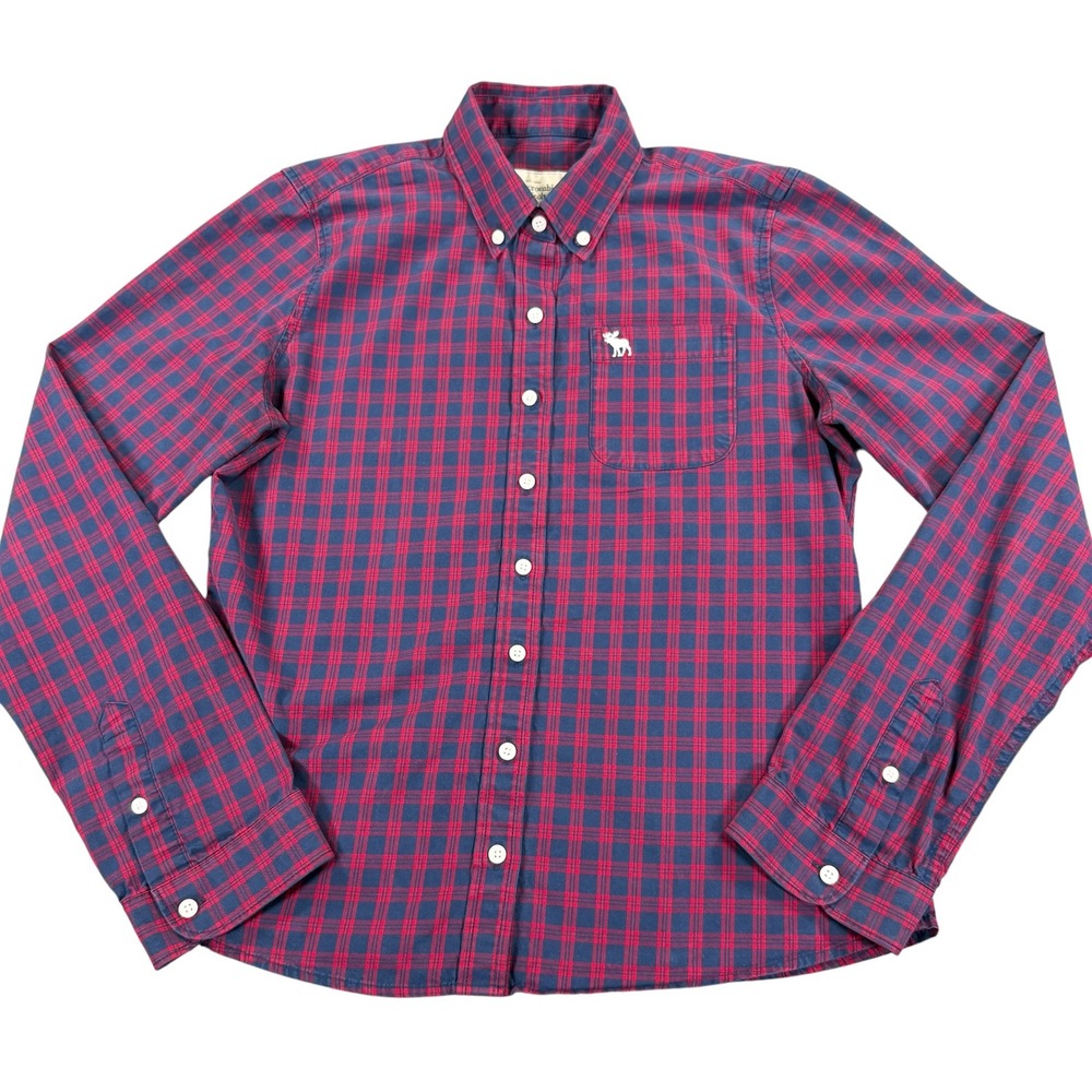 Abercrombie Kids Boys Medium Plaid Button Down Shirt Red Navy Cotton Moose Logo